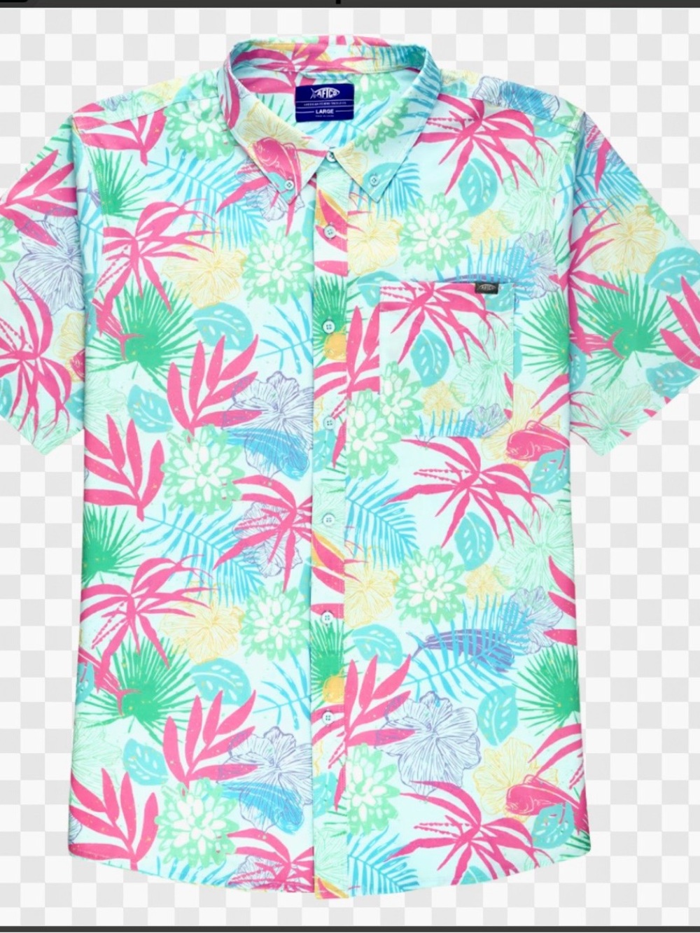 AFTCO Mint Tropical Print Button-Down Shirt with Pink & Green Accents-Size Large